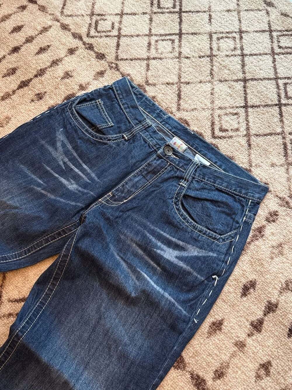 Miskeen Originals Vintage Dark Wash Baggy Jeans White Contrast Stitching 36x34